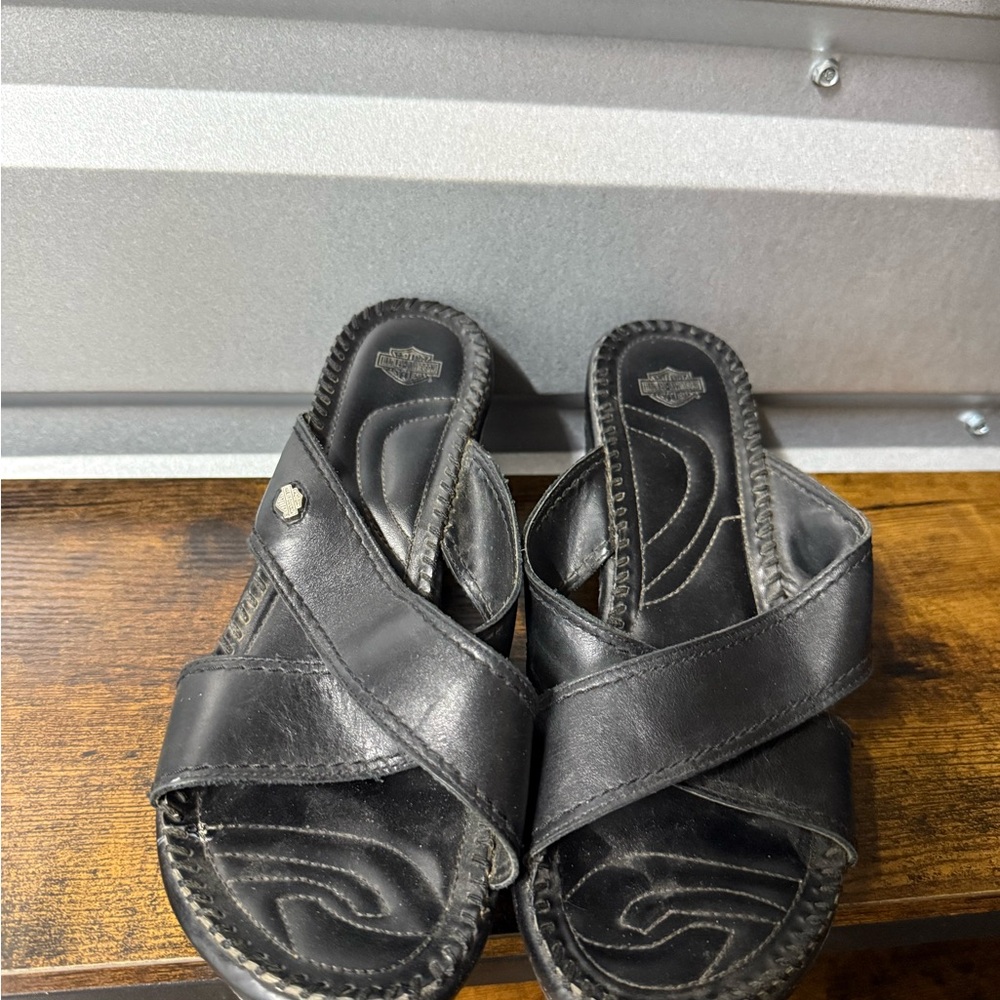 Harley-Davidson Womens Wedge Sandals US 7,5 M EUR 38,5 N Slip On Black Platform - Picture 3 of 9